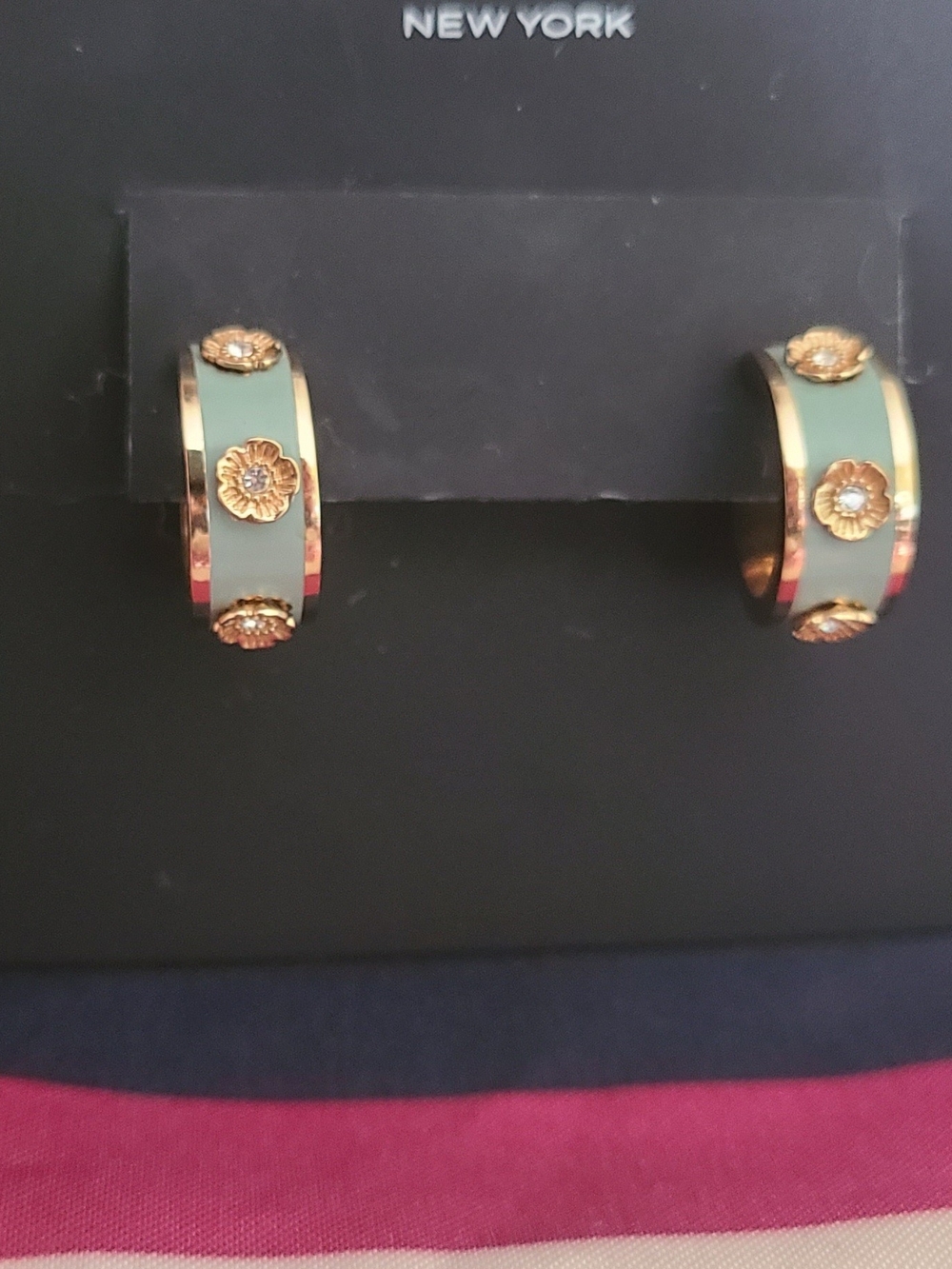 Coach Sage Green Enamel Hoop Earrings with Gold Tea Rose Accents - Picture 4 of 4